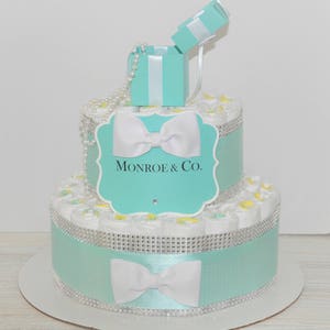 Baby & Co Diaper Cake Centerpiece for Baby Showers w/ Diamond Bling, Pearls, Bows and Personalized Sign 2 Tier