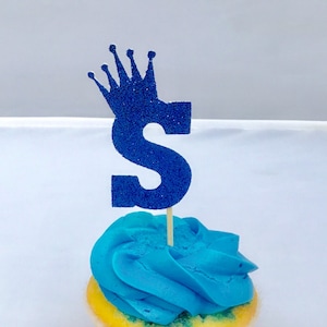 Prince Royal Crown Initial Cupcake Toppers Personalized Little Prince Royal Blue Gold for Baby Showers, Birthdays, Baptisms set of 12