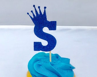 Prince Royal Crown Initial Cupcake Toppers Personalized Little Prince Royal Blue Gold for Baby Showers, Birthdays, Baptisms set of 12