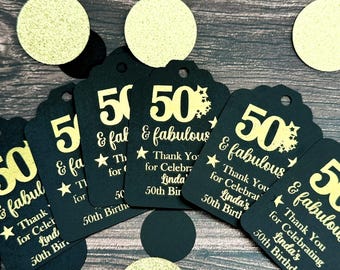 50th & Fabulous Birthday Favor Tags – Black with Gold Print – Elegant Milestone Party Gift Tags Set of 10