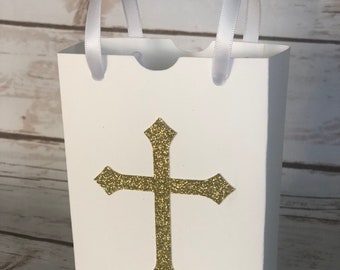 Baptism Favor Bags Christening Favor Bags for Treats, Goodies, Candy White with Silver Cross Boy or Girl Christening Set of 10