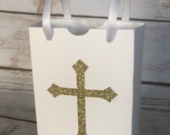 Baptism Favor Bags Christening Favor Bags for Treats, Goodies, Candy White with Silver Cross Boy or Girl Christening Set of 10