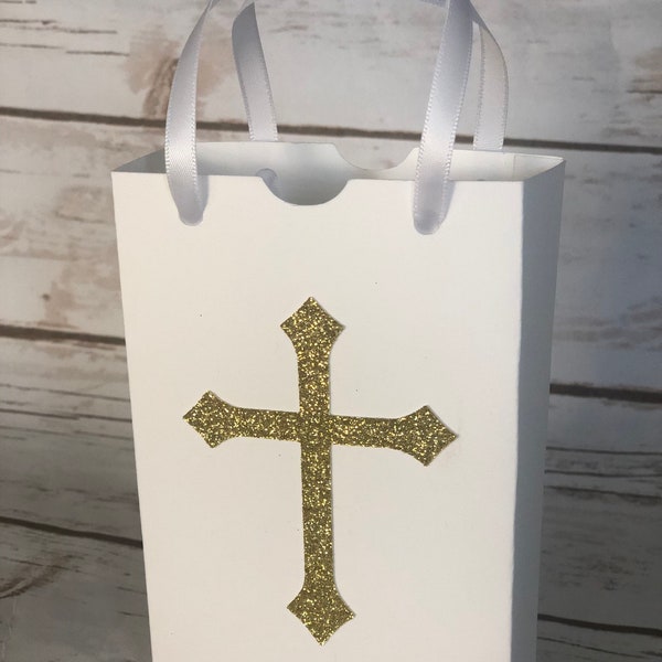 Baptism Favor Bags Christening Favor Bags for Treats, Goodies, Candy White with Silver Cross Boy or Girl Christening Set of 10