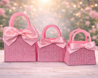 Pink Bling Diamond Mini Purse Favor Bags with Bows- Set of 10 Baby Shower, Bridal Shower, Birthday & Sweet 16 Favors, 3 Sizes Available