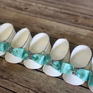 Diamond and Bow Shoe Favor with Turquoise Ribbon and Diamond Trim for Baby Showers, Christenings, Baptisms, 1st Birthday Set of 10 Baby & Co