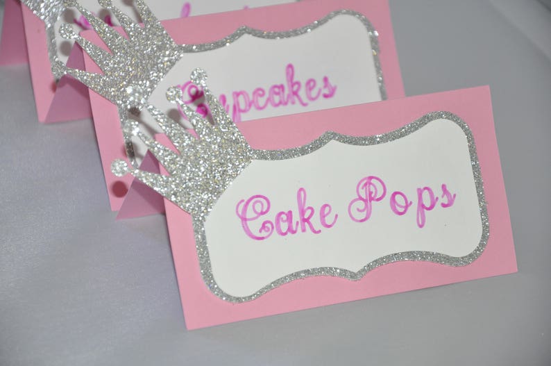 Royal Princess Party Food Tent Cards Labels for Candy Tables Dessert Tables Pink /& Silver w Crown Candy Buffets