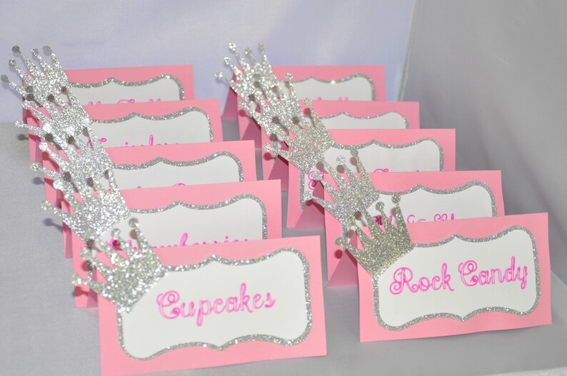 Royal Princess Party Food Tent Cards Labels for Candy Tables Dessert Tables Pink /& Silver w Crown Candy Buffets