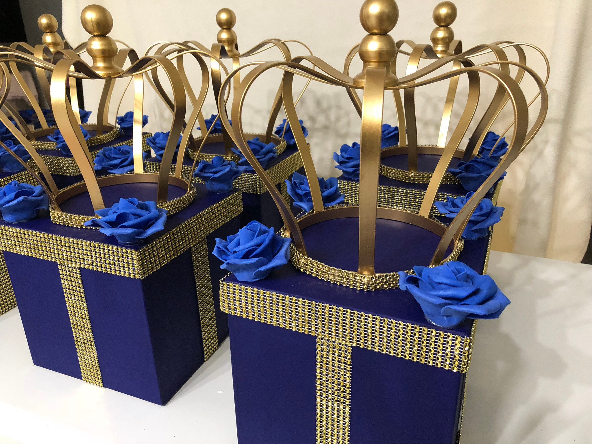 Royal Prince Gold Crown Centerpiece Box Royal Blue and Gold With Bling Mesh  for Royal Prince Baby Showers, Birthdays, Baptisms 