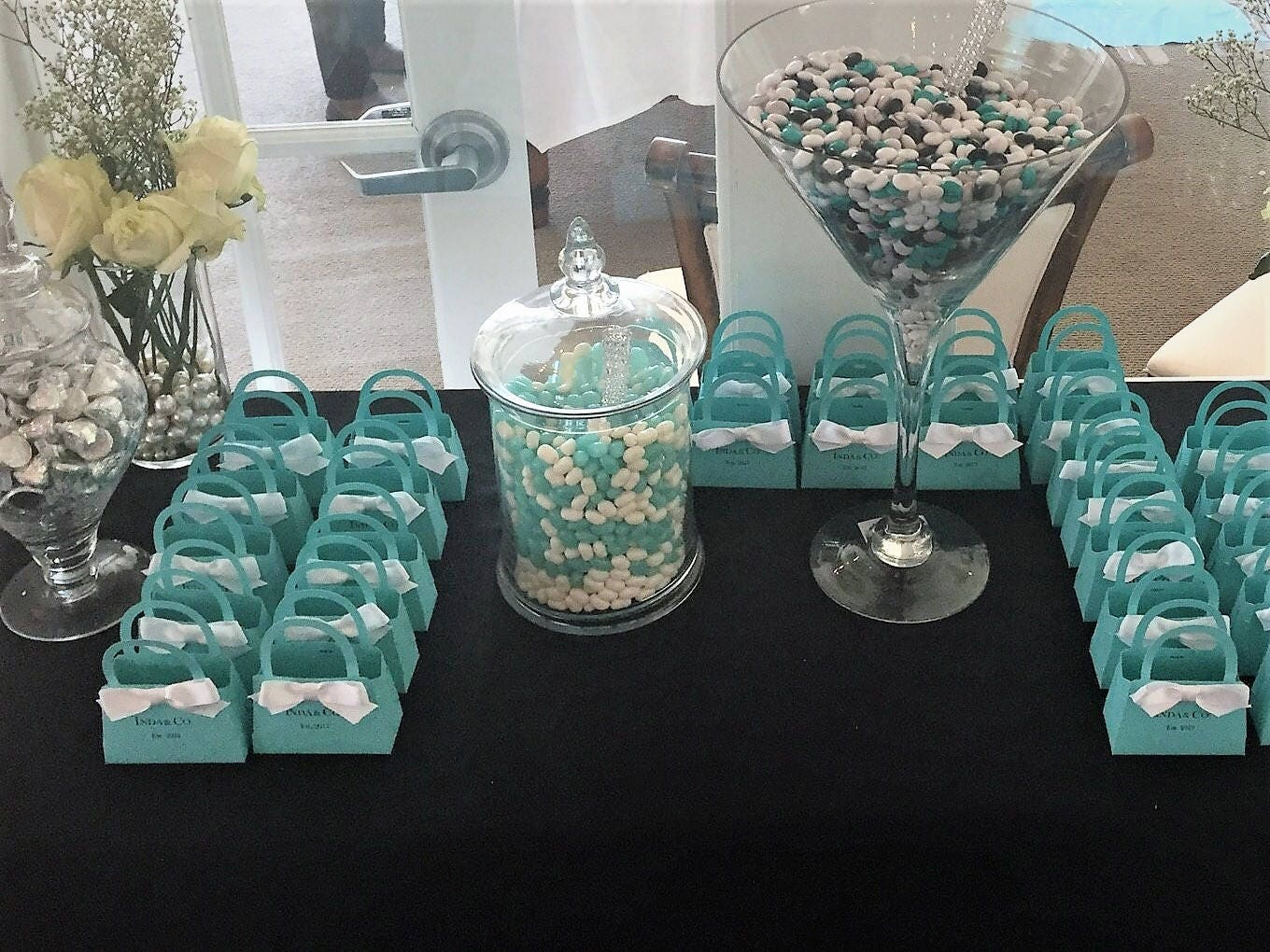Personalisierte Mini-Geldbörse, Rotkehlchen-Ei-Farbe mit weißer Schleife. Babypartys, Brautpartys, Verlobungen, Sweet 16, Hochzeitssüßigkeiten, 10er-Set