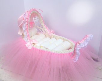 Carriage Tutu Diaper Cake Centerpiece for Baby Girl Shower, Gift, Welcome Baby.  White Wicker, Lace, Tulle, Bows