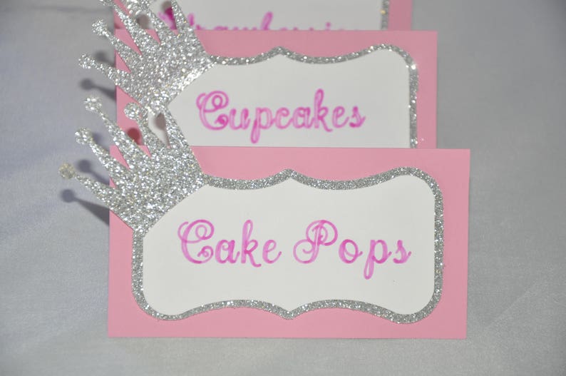 Royal Princess Party Food Tent Cards Labels for Candy Tables Dessert Tables Pink /& Silver w Crown Candy Buffets