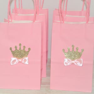 Princess Crown Favor Bag for Candy, Goodies, Treats Pink & Gold w/ Bow for Birthday Parties, Baby Showers, Princess Parties Set of 12 image 6