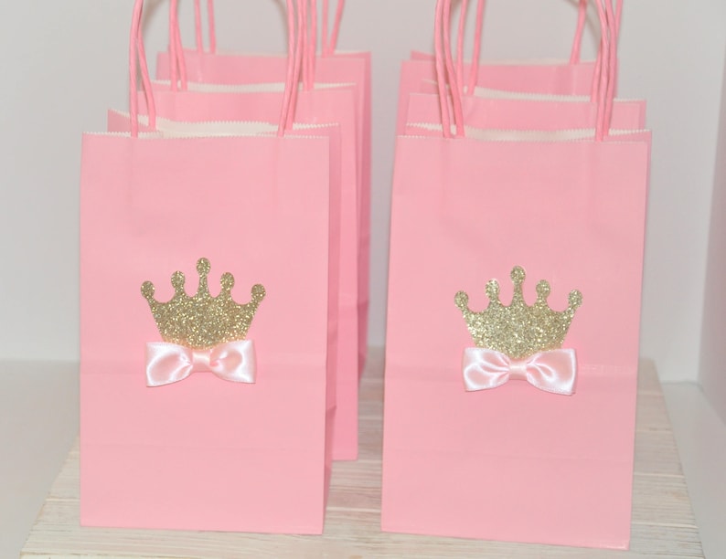 Princess Crown Favor Bag for Candy, Goodies, Treats Pink & Gold w/ Bow for Birthday Parties, Baby Showers, Princess Parties Set of 12 image 6