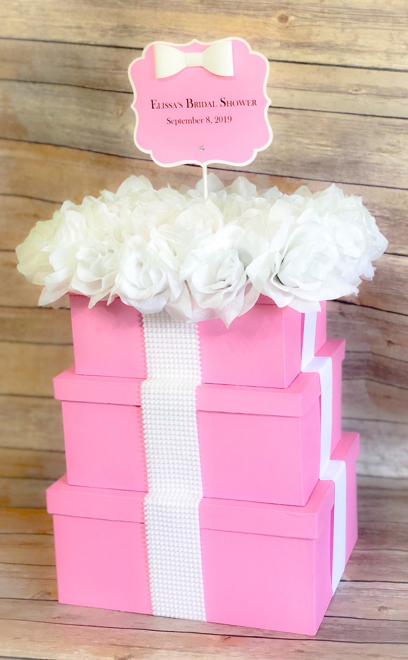 Pink & White Centerpiece Gift Box 3 Tier W/ Pearls, Flowers, and ...