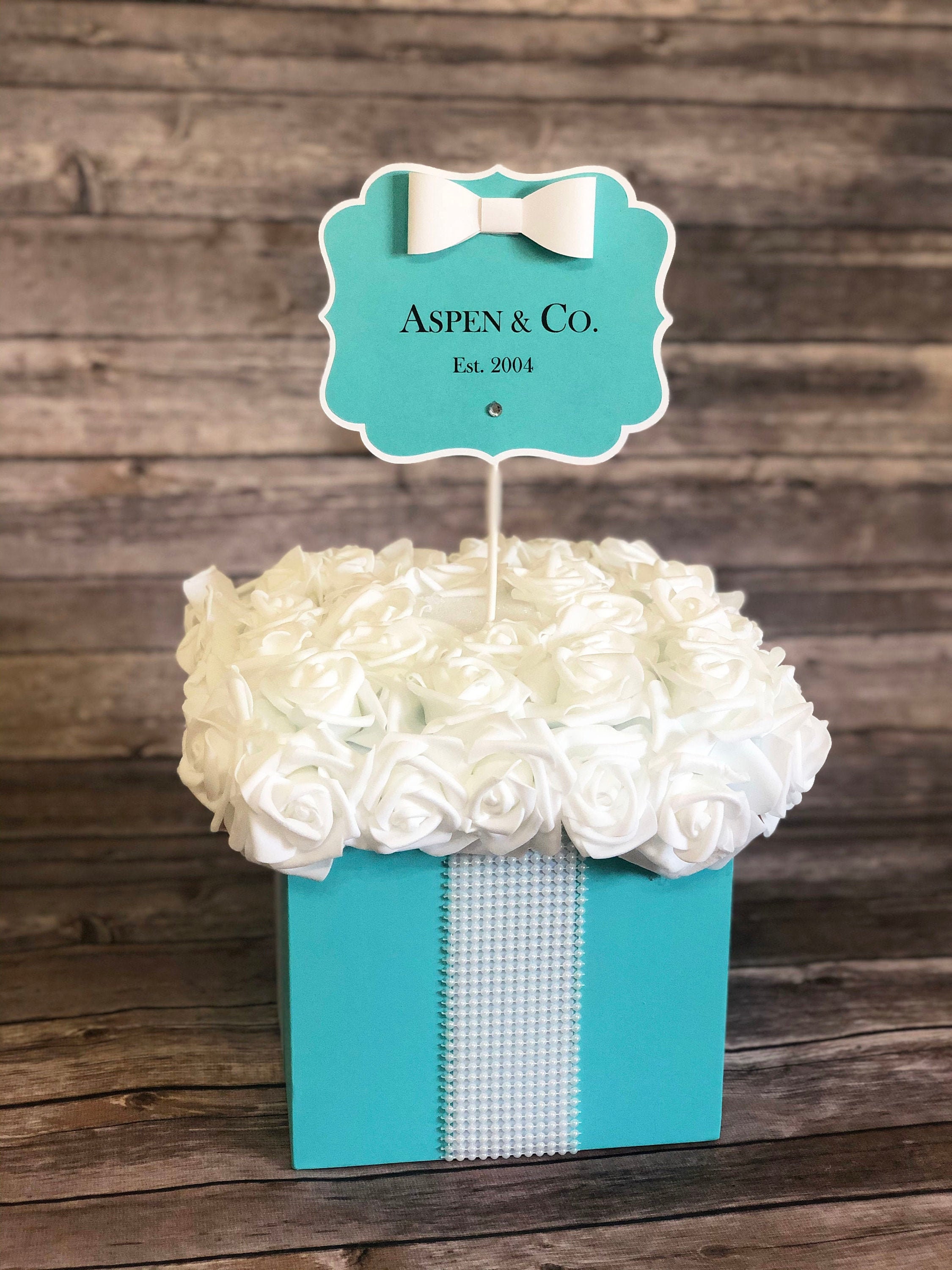 Gift Box Centerpiece w/ Pearls, Flowers, Personalized Sign for Baby Showers, Bridal Showers, Sweet 16, Birthdays, Weddings