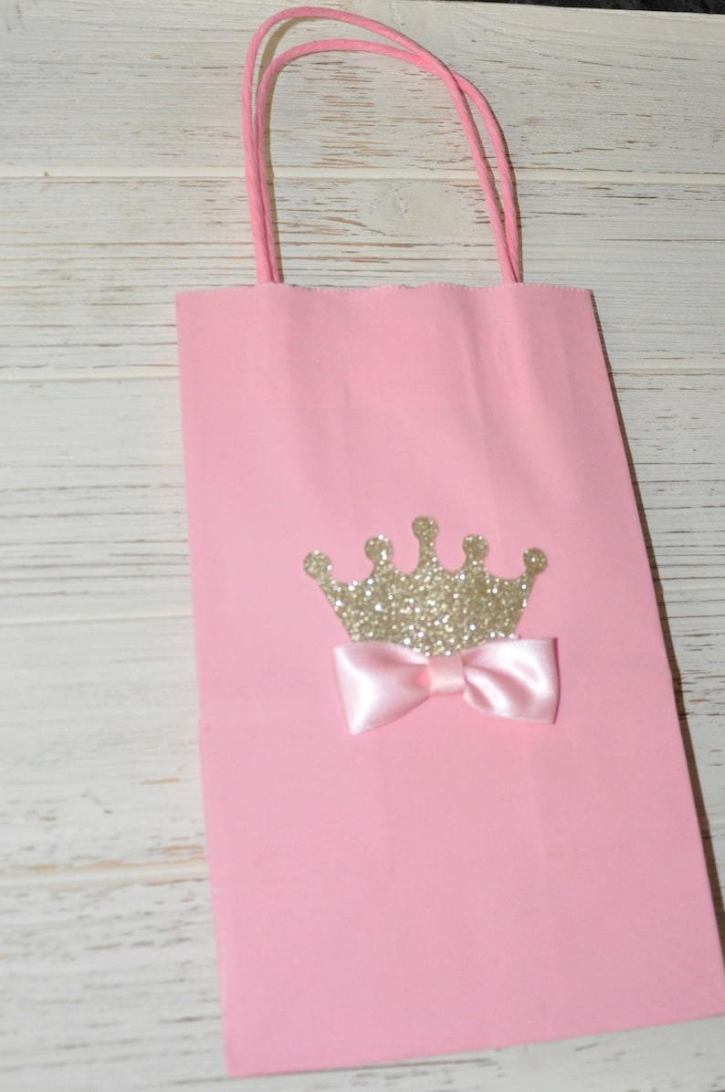 Princess Crown Favor Bag for Candy, Goodies, Treats Pink & Gold w/ Bow for Birthday Parties, Baby Showers, Princess Parties Set of 12 image 4