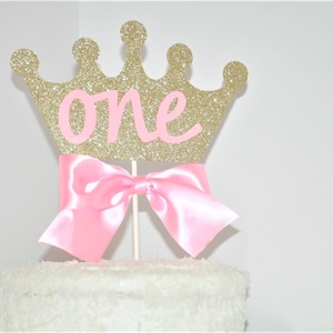 Princess Crown Cake Topper First Birthday Pink & Gold with Pink Bow, Centerpiece Topper, Birthday Party, Princess Party