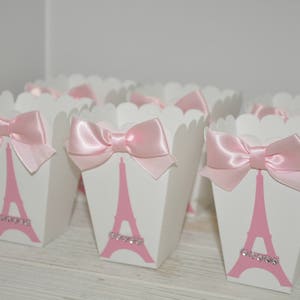 Eiffel Tower Popcorn or Candy Favor Box Pink & White w/ Bling Paris Birthday Party Bridal Shower Baby Shower Sweet 16 Set of 10