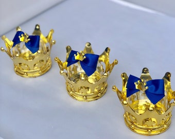 Royal Crown Gold Prince Favor Container Keepsakes Gold & Blue for Candy Baby Showers, Birthdays, Baptisms, Little Prince Set of 12