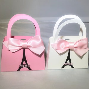 Paris Party Favor Purses – Eiffel Tower with Pink Bow & Bling – Bridal Shower, Baby Shower, Birthday – Set of 10