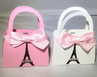 Paris Party Favor Purses – Eiffel Tower with Pink Bow & Bling – Bridal Shower, Baby Shower, Birthday – Set of 10