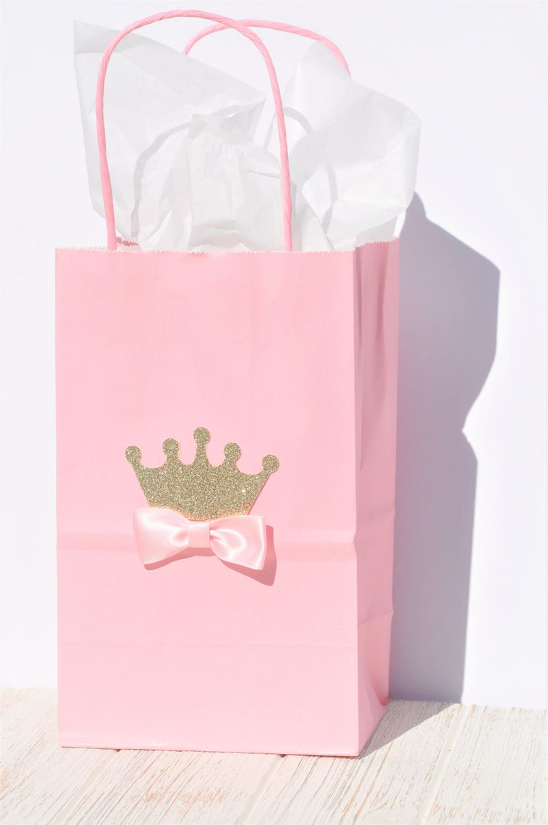 Princess Crown Favor Bag for Candy, Goodies, Treats Pink & Gold w/ Bow for Birthday Parties, Baby Showers, Princess Parties Set of 12 image 1