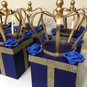 Royal Prince Gold Crown Centerpiece Box Royal Blue and Gold with Bling Mesh for Royal Prince Baby Showers, Birthdays, Baptisms