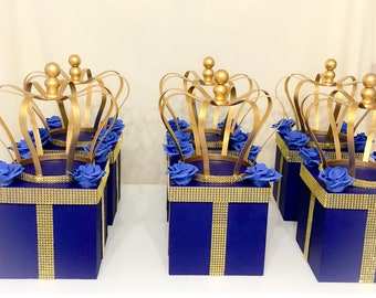 Royal Prince Crown Centerpiece Box Tall Royal Blue & Gold with Bling Mesh for Royal Prince Baby Showers, Birthdays, Baptisms One Centerpiece