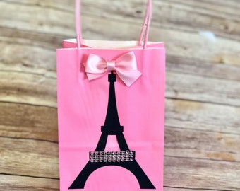 Bolsas de regalo con temática de la Torre Eiffel de París, color rosa y negro, con lazo de satén rosa, ideal para cumpleaños, baby showers, quinceañeras y despedidas de soltera.