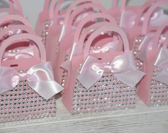 Pink Bling Diamond Mini Purse Favor Bags with Bows- Set of 10 Baby Shower, Bridal Shower, Birthday & Sweet 16 Favors, 2 Sizes Available