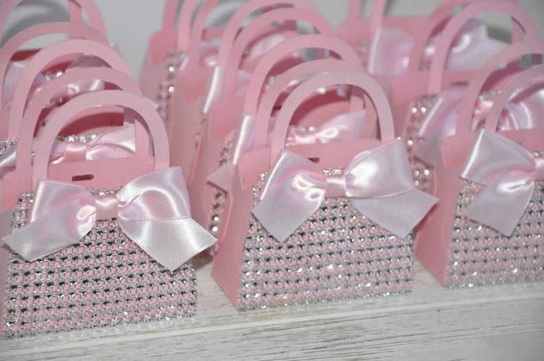 Pink Bling Diamond Mini Purse Favors with Bows for Baby Showers, Bridal Showers, Engagement Parties, Birthdays, Sweet 16 Set of 10 