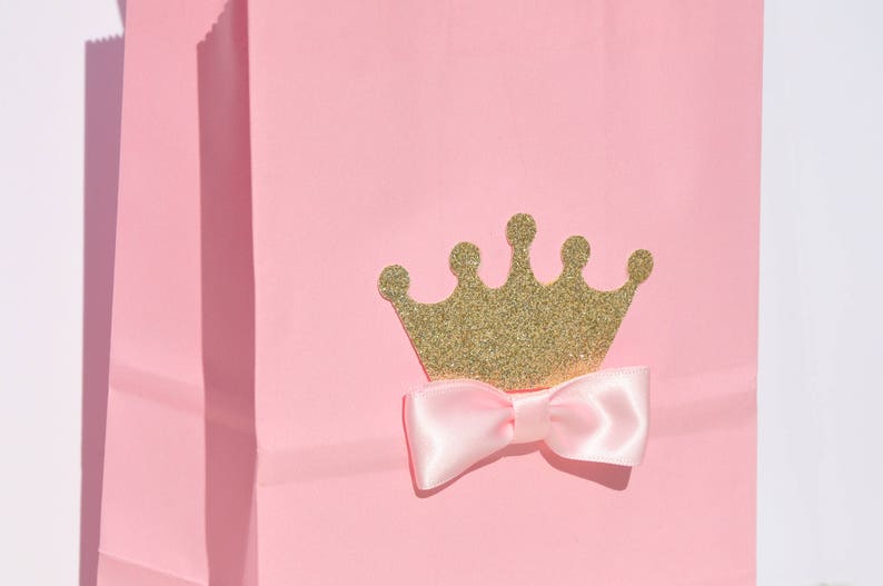 Princess Crown Favor Bag for Candy, Goodies, Treats Pink & Gold w/ Bow for Birthday Parties, Baby Showers, Princess Parties Set of 12 image 2