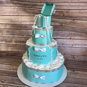Baby & Co Shower Diaper Cake Centerpiece Robin Egg Bling w/ White Bows, Pearl Box as Cake Topper 3 Tier 60 Diapers Included