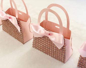 Rose Gold Bling Diamond Mini Purse Favors with Bows for Baby Showers, Bridal Showers, Engagement Parties, Birthdays, Sweet 16 Set of 10