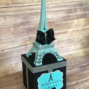 Paris Eiffel Tower Centerpiece – Blue with Bows & Bling – Custom Sign – Sweet 16, Bridal Shower, Baby Shower, Paris Birthday Decor