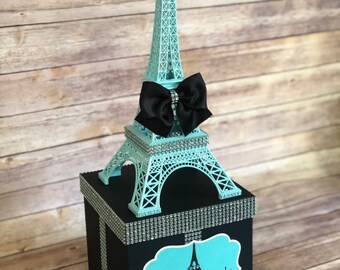 Paris Eiffel Tower Centerpiece – Blue with Bows & Bling – Custom Sign – Sweet 16, Bridal Shower, Baby Shower, Paris Birthday Decor