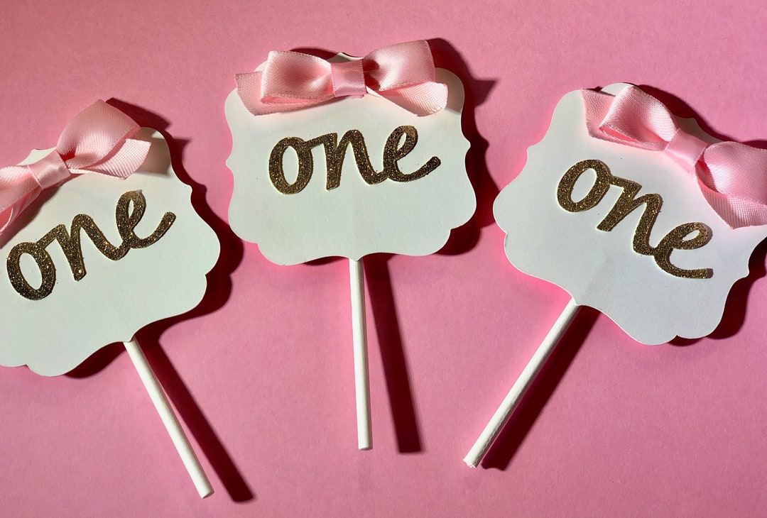 One Cupcake Toppers Pink & Gold With Pink Satin Bow for First Birthday ...