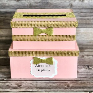 Hucha rosa y dorada para bodas, baby showers, despedidas de soltera, fiestas de cumpleaños, bautizos y quinceañeras