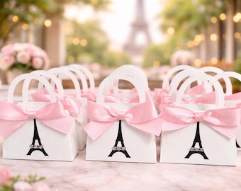 Monederos de recuerdo para fiestas de París: Torre Eiffel con lazo rosa y adornos brillantes. Para despedidas de soltera, baby shower y cumpleaños. Juego de 10 monederos blancos o rosas.