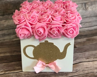 Tea Party Centerpiece Box with Teapot and Flowers with Bow for Tea Party Birthdays, Baby Showers, Bridal Showers