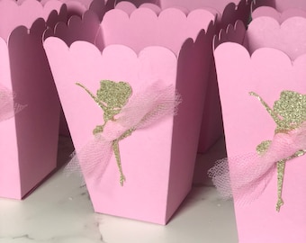 Ballerina Tutu Favor Boxes – Pink & Gold Popcorn or Candy Boxes with Tulle – Baby Showers, Birthdays, Dance Parties (Set of 10)