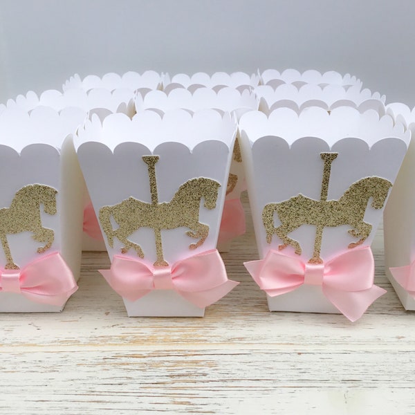 Carousel Horse Theme Favor Box for Popcorn, Candy or Treats Girl Baby Shower, Birthday Party, Christening with Pink Bow Set of 10