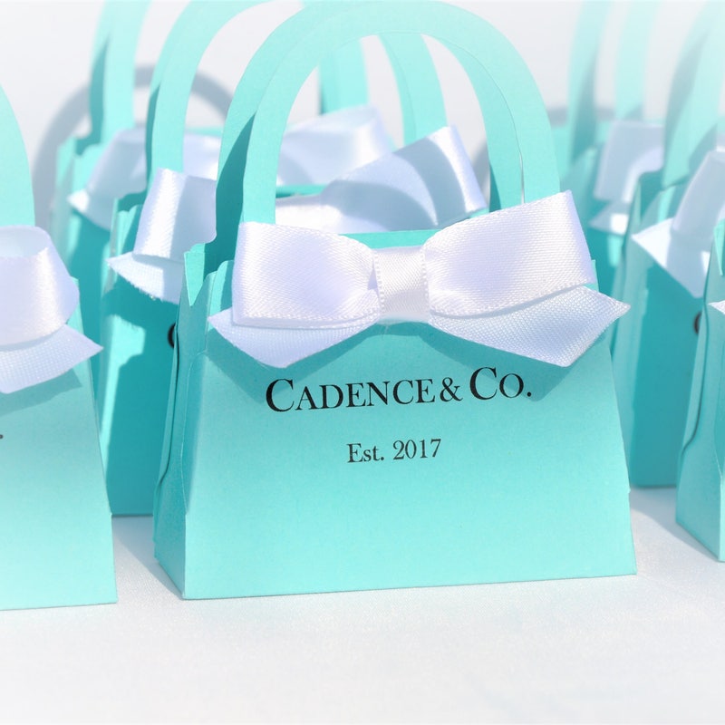 Personalisierte Mini-Geldbörse, Rotkehlchen-Ei-Farbe mit weißer Schleife. Babypartys, Brautpartys, Verlobungen, Sweet 16, Hochzeitssüßigkeiten, 10er-Set