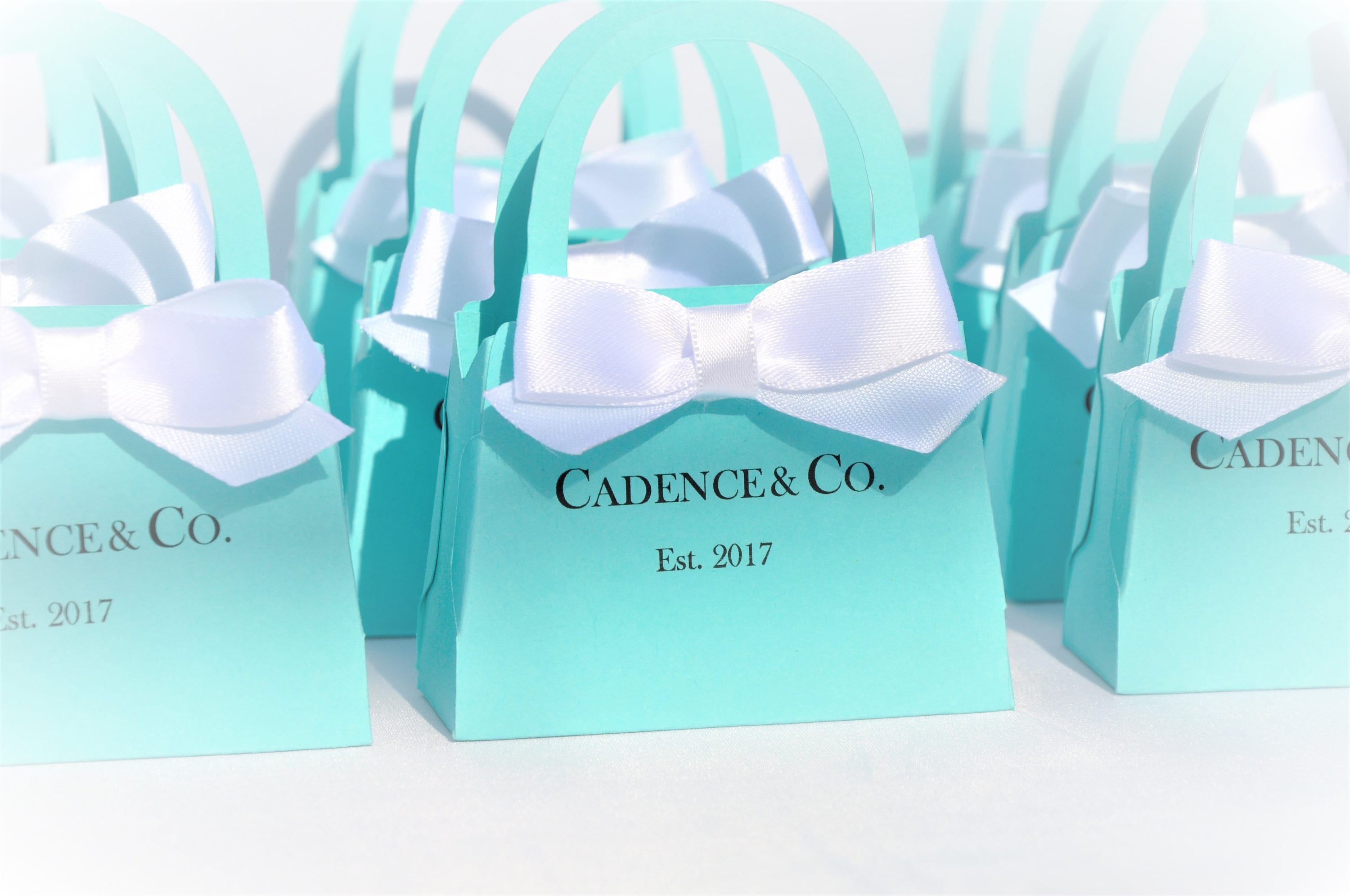 Personalisierte Mini-Geldbörse, Rotkehlchen-Ei-Farbe mit weißer Schleife. Babypartys, Brautpartys, Verlobungen, Sweet 16, Hochzeitssüßigkeiten, 10er-Set
