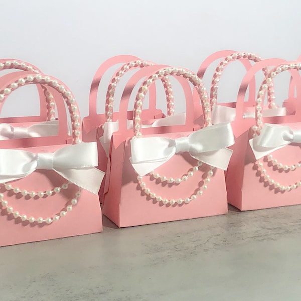 Pink Mini Purse Favors with Pearls and Bow, for Bridal Showers, Baby Showers, Sweet 16 Birthday Parties, Engagements, Weddings Set of 10