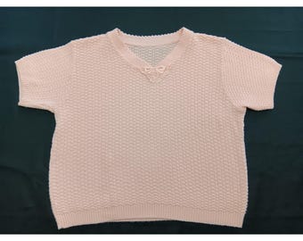 Vintage Style Pale Pink Textured Knit Short Sleeve V-Neck Sweater Lace Medium