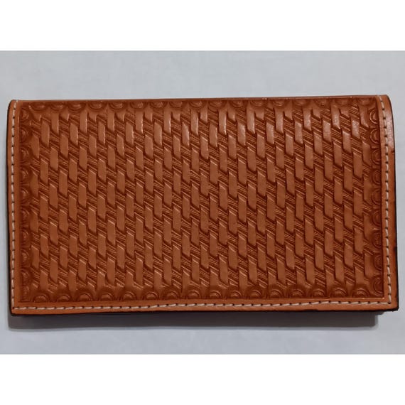 Ray Frazier Handmade Tooled Leather Basketweave Western Bifold Wallet Tan Brown