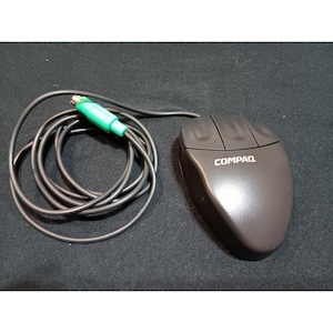 May include: A dark gray Compaq computer mouse with three buttons and a long black cord. The cord features a green PS/2 connector plug. The brand name Compaq is printed in white letters on the top surface of the mouse body.
