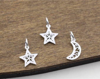 2 pcs+ Sterling silver star charms,moon(crescent) charms