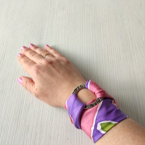 Cuff Bracelet - Convertible Hand Painted Silk Scarf: Fusing elegance in red and purple with a touch of antique silver.